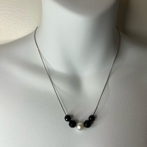 Pearl and faceted black onyx on sterling silver chain tuxedo necklace